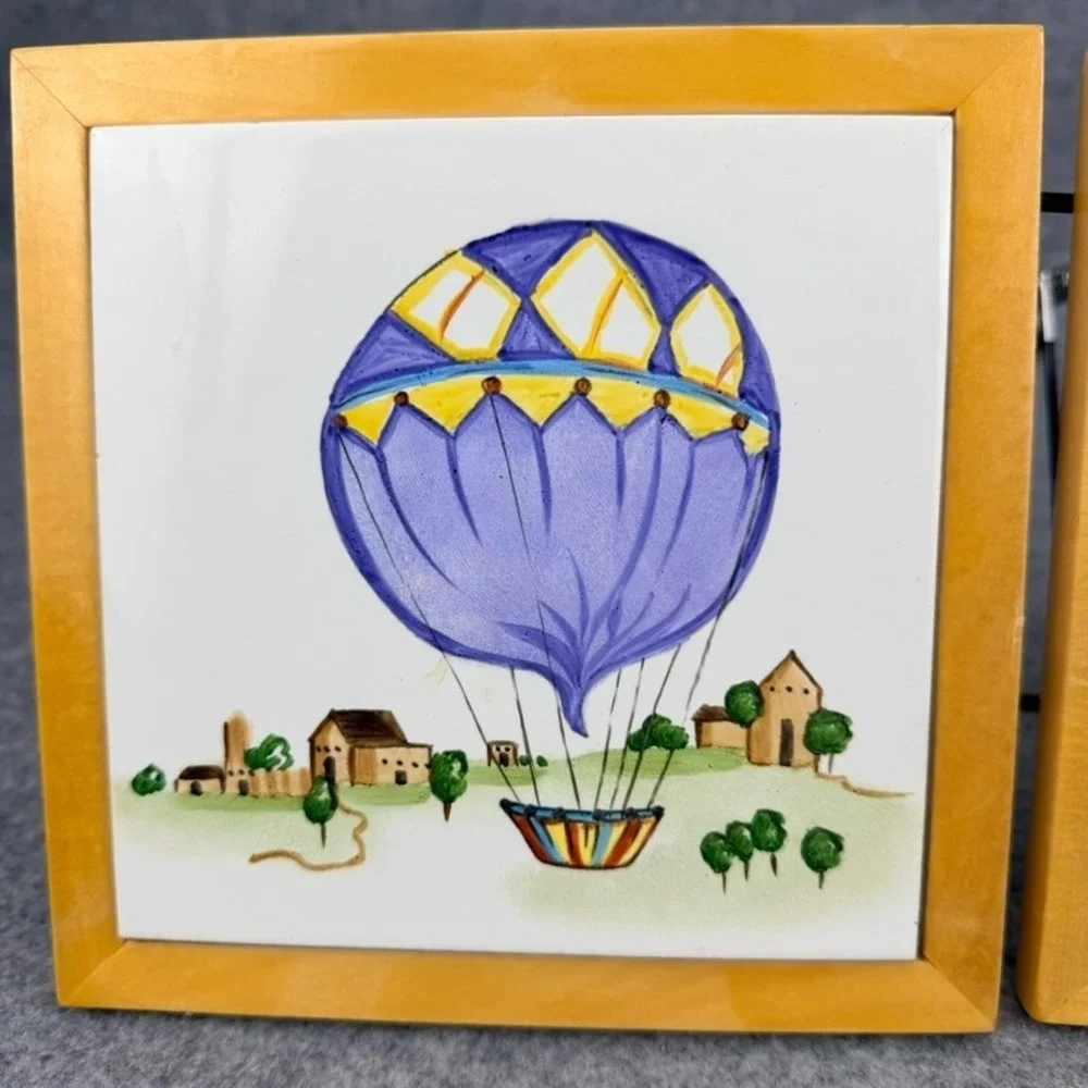 Set of 2 Framed Ceramic Tile Hot Air Balloon Wall Art Decor Green Purple 7x7